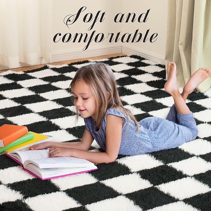 Super Soft Rug for Bedroom, 8x10 Ft Black and White Area Rug Classic Checkered - Image 3