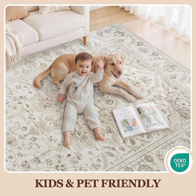 9x12 Area Rugs for Living Room:Beige Washable Vintage Medallion Carpet Non-Slip - Image 5