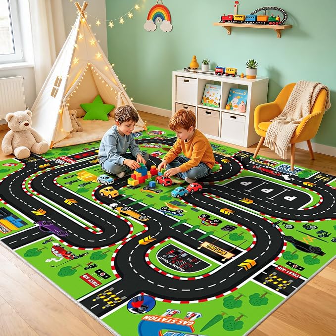 Kids Play Rug 4x5 Ft, Non-Slip Race Track Car Rug Play Mat, Washable Soft Road - Image 3