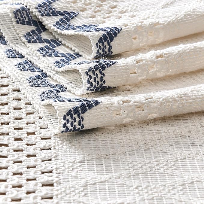 Macrame Side Trim Boho Woven Table Runner, Dusty Blue 12x90 Inch | Crochet - Image 7