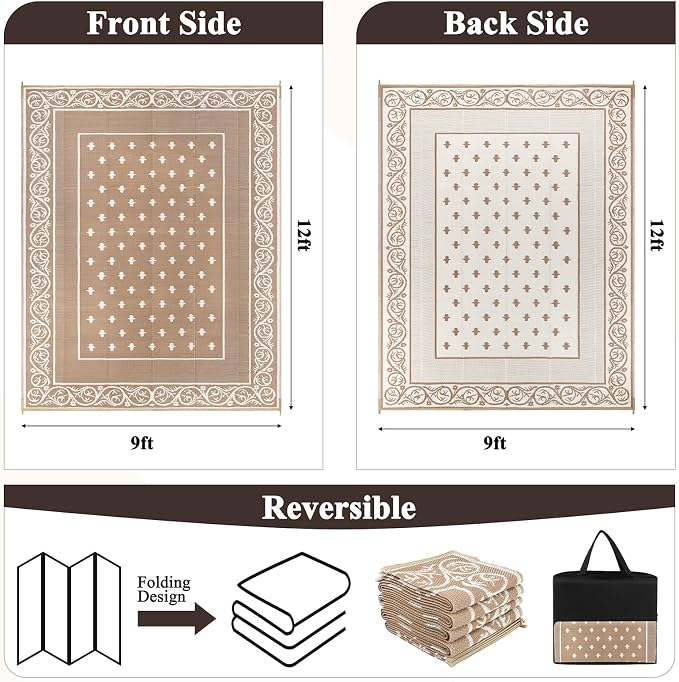 Pauwer Waterproof Outdoor Rug 9x12, Reversible Plastic Straw Patio Camping Rug - Image 2