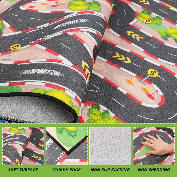 Kids Car Rug Play Mat, 8x10 ft Race Track Road Rug - Image 3