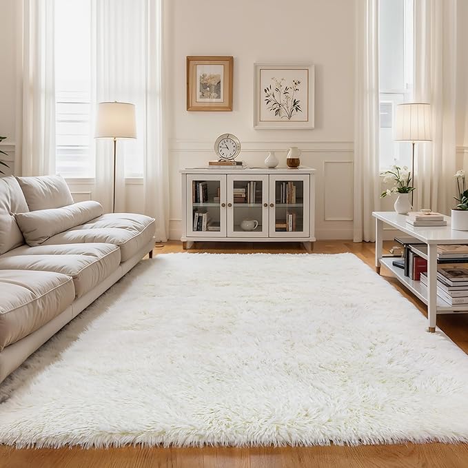 KCHOWUA Ceam White Fluffy Shag Large Area Rug by KICHOWUA