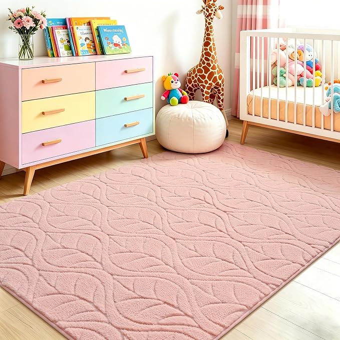4x6 Pink Washable Area Rug for Girls Bedroom, Leaf Geometric Patter Shag - Image 4