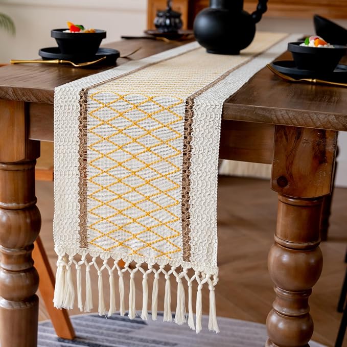 EMMTEEY Macrame Table Runner Boho Style 36 Inches Long, Hexagonal Yellow | by EMMTEEY