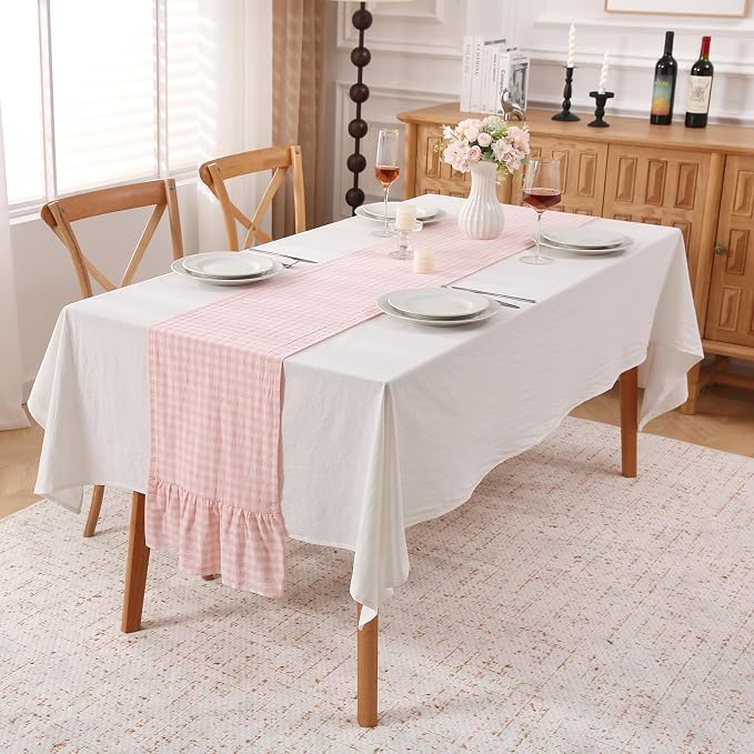 Peachy Blush White Plaid Gingham Ruffle Table Runner 108 inches Long 100% - Image 2