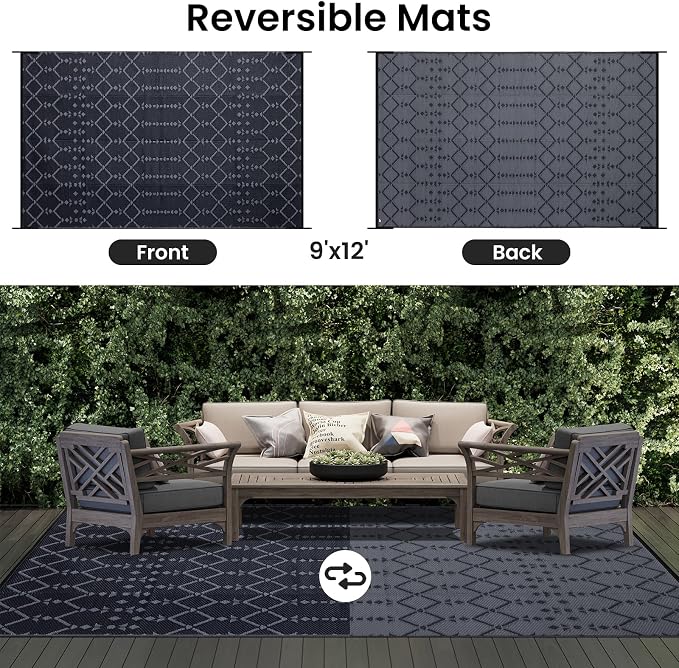 Smiry Outdoor Rug 9x12 ft, Waterproof Reversible Plastic Straw Rugs, Boho - Image 3