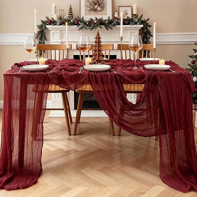3Pcs Burgundy Table Runner, 10FT Boho Rustic Burgundy Maroon Table Runner - Image 7