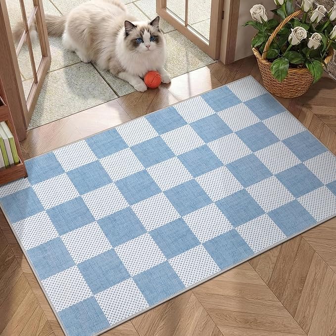 GarveeHome Checkered Light Blue and White 5x7 Washable Rug Geometric Diamond - Image 4