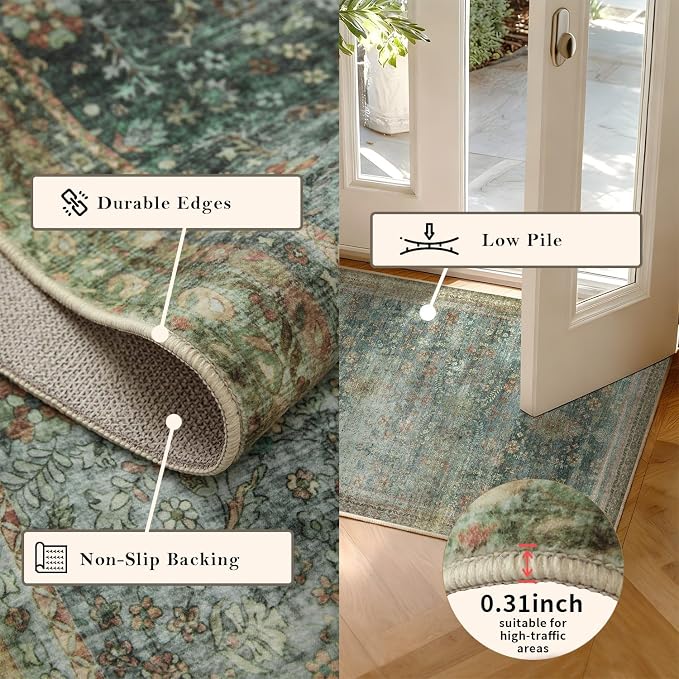 Latte&Fog 4x6 Rug for Living Room, Vintage Green Washable Area Rug, Boho Floral - Image 4