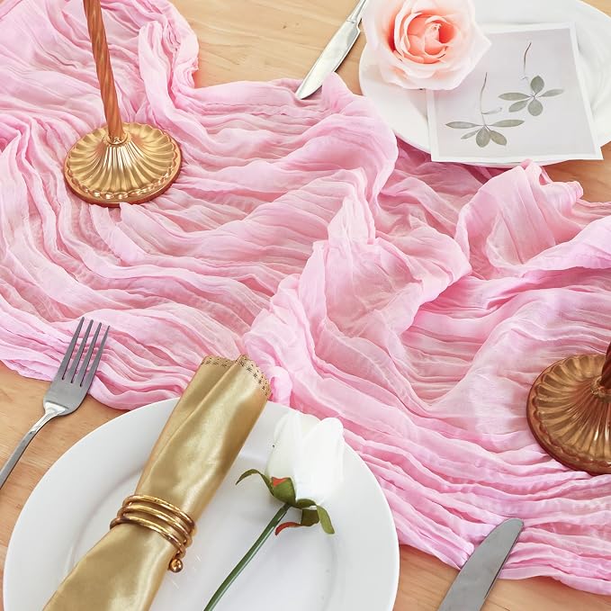8 Pack Candy Pink Cheesecloth Table Runner 120 Inch Boho Wedding Decor | - Image 5