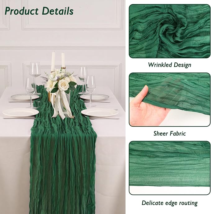 8 Pack Emerald Green Cheesecloth Table Runner 120 Inch Boho Wedding Decor | - Image 3