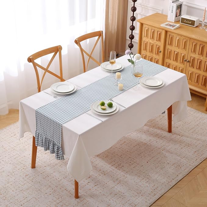 Dust Blue White Plaid Gingham Ruffle Table Runner 72 inches Long 100% Washed - Image 2