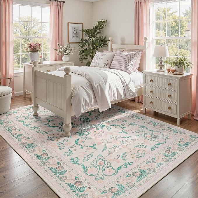 DCX 8x10 Pink Rug, Floral Rug for Girl’s Bedroom, Cute Soft Low Pile Non Slip - Image 3