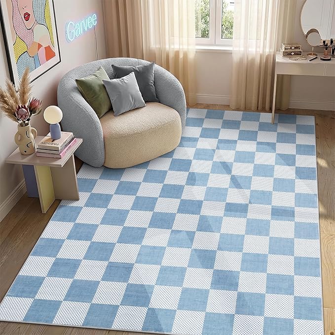 GarveeHome Checkered Light Blue 2x3 Washbale Rug Door Mat Geometric Diamond Dot - Image 3