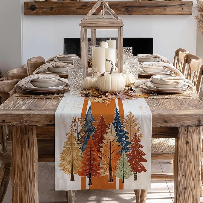 Fall Watercolor Trees & Maple Leaves Striped Table Runner 13x60 Inch, Rustic - Image 7