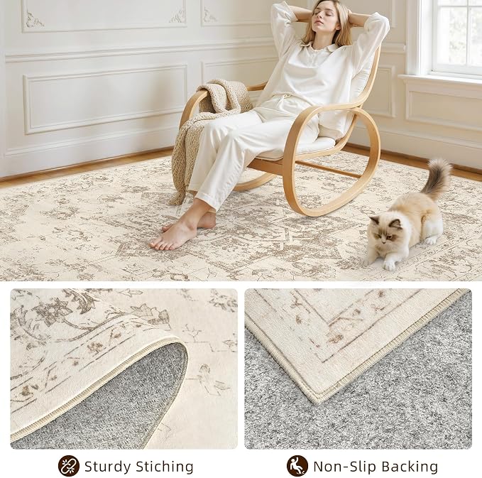10x14 Area Rug for Living Room: Vintage Boho Neutral Washable Rug Indoor Soft - Image 4