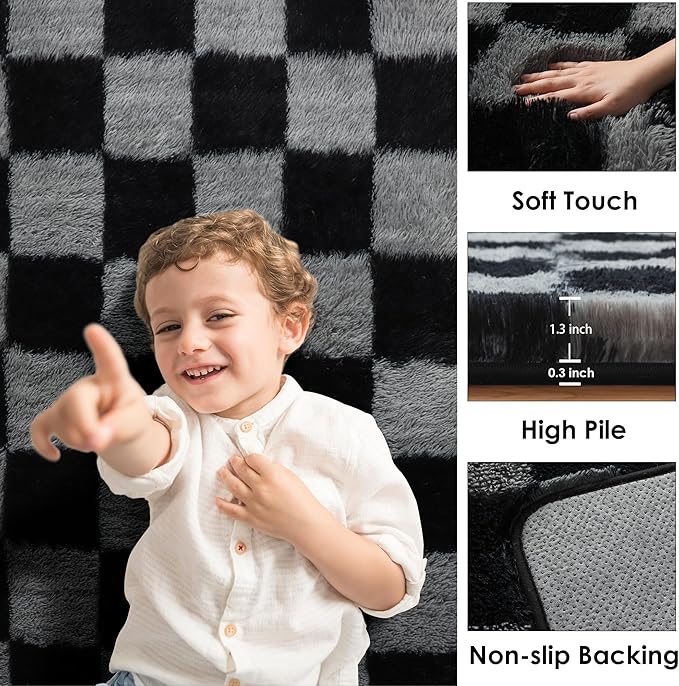 KICMOR Black and Grey Area Rug for Bedroom, 4x6 Fluffy Fuzzy Shag Checkered - Image 2