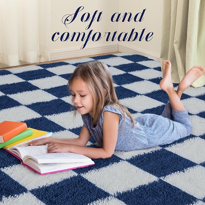 Super Soft Rug for Bedroom, 4x6 ft Blue and White Area Rug Classic Checkered - Image 2