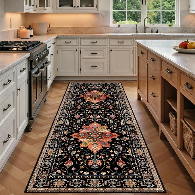 RELEANY Area Rugs Runner 3'x8' Washable Non-Slip, Floral Vintage Distress by RELEANY