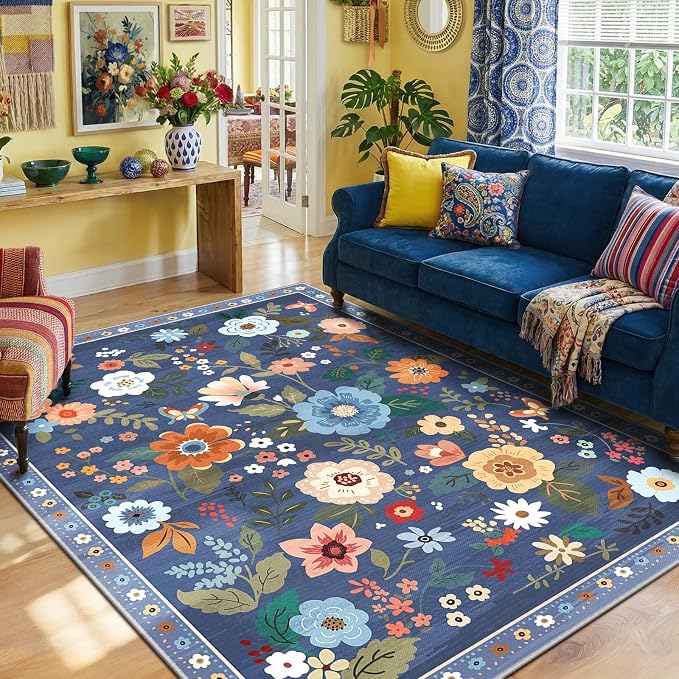RELEANY Floral 5x7 Area Rug Machine Washable Soft Print Boho Carpet Non Slip - Image 2