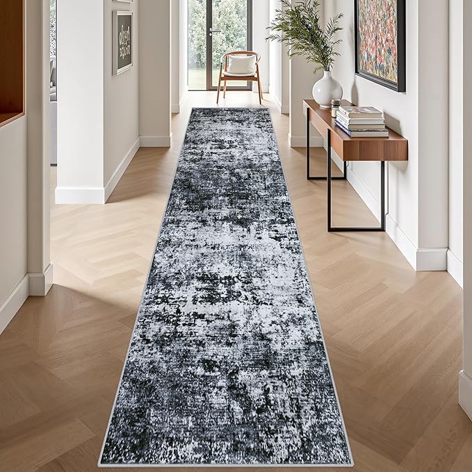 2.6'x14' Runner Rug Washable Rug: Modern Abstract Soft Thin Runner Rug Black - Image 4