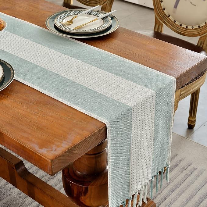 Wracra Linen Table Runner, Stripe Table Runners 36 Inches Long Aque Blue | - Image 6
