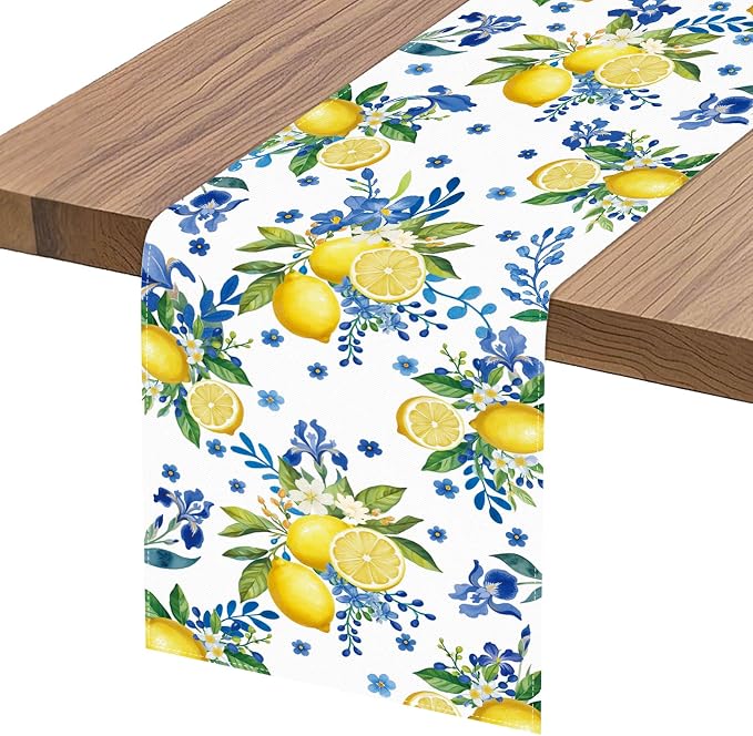 Lemon and Blue Floral Table Runner, 108 x 13 inches, Easy Care Machine Washable - Image 6