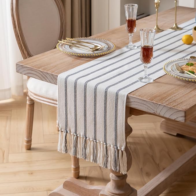 Caflife Boho Table Runner 60 Inchs Long Grey and Beige, Cotton and Linen Woven - Image 2