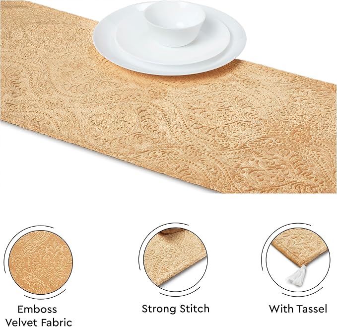 Encasa XO Table Runner, Embossed Velvet, Elegant 13"x72" | Gold, 175 GSM - Image 3