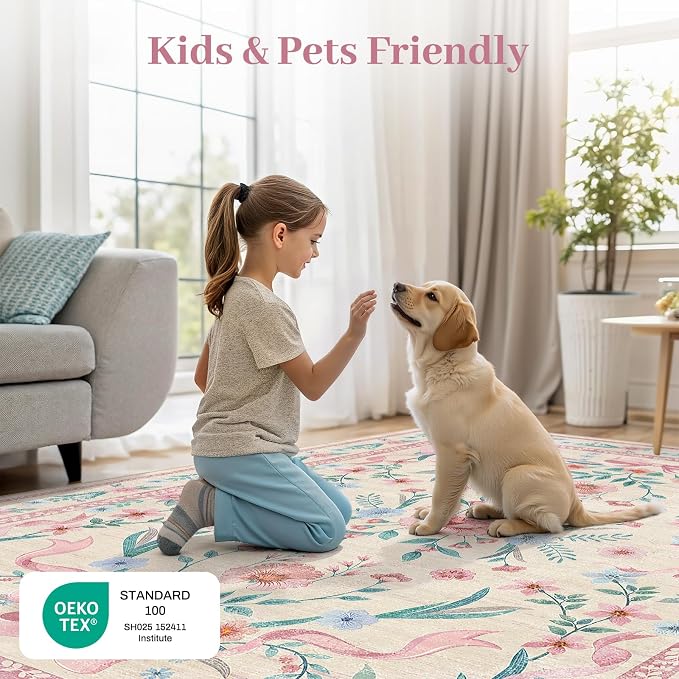 Coquette Pink Bow Rug 5x7, Washable Floral Area Rug - Image 7