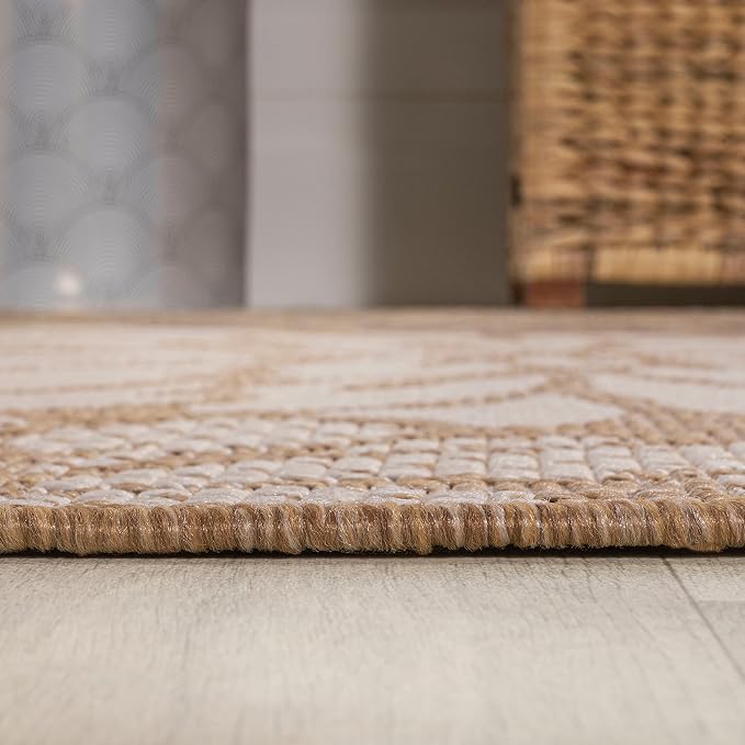 JONATHAN Y Floral Textured Weave Indoor Outdoor Round Area Rug 6 Ft Brown/Cream - Image 5