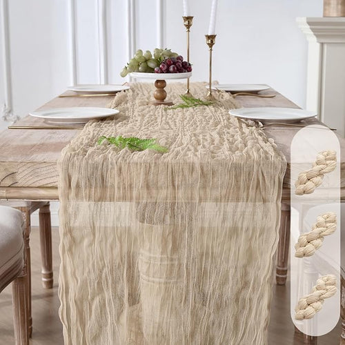 3 Pack Tan Beige Cheesecloth Table Runners, 120 Inch 10Ft Gauze Table Runner by YARGEZON
