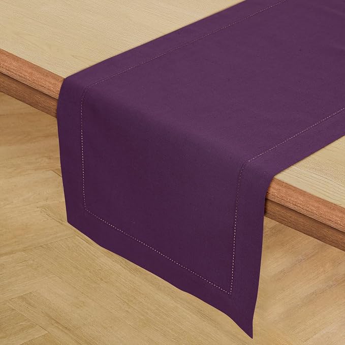 Solino Home Cotton Linen Dining Table Runner Purple Hemstitch, 14 x 48 in | - Image 2