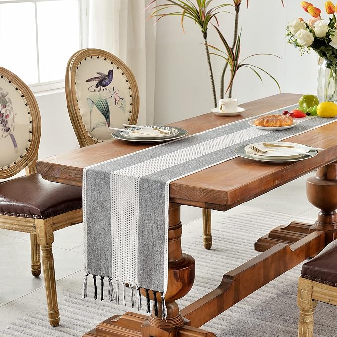 Wracra Linen Table Runner, Stripe Table Runners 48 Inches Long Black | Delicate - Image 5