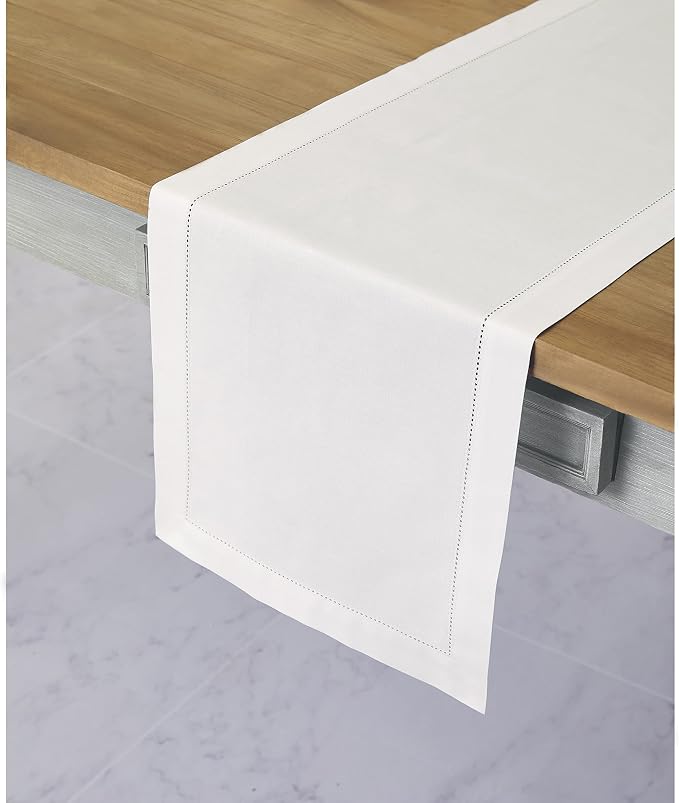 Solino Home Cotton Linen Dining Table Runner White Hemstitch, 14 x 60 in | - Image 2