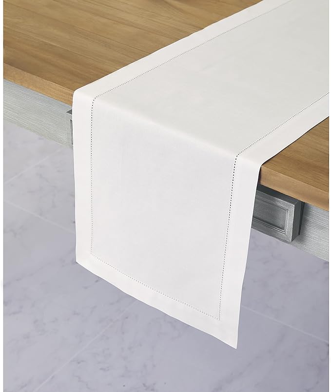 Solino Home Cotton Linen Dining Table Runner White Hemstitch, 14 x 108 in | - Image 2