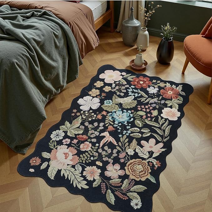 DCX Black Floral Rug 2x3, Washable Black Rug - Image 2