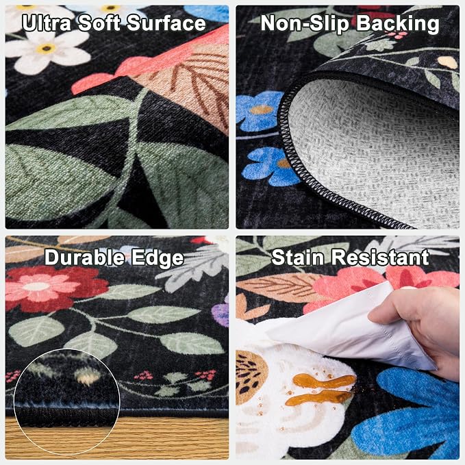Round Area Rug for Living Room: 8 ft Floral Washable Circle Rug Soft Boho - Image 7