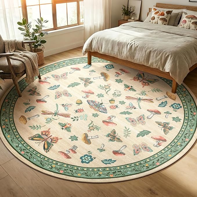 Mushroom Insect 7ft Round Rug Washable Non-Slip Soft Ultra-Thin Large Boho - Image 2
