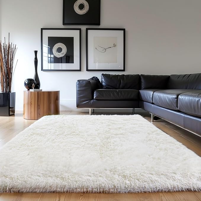 KICHOWUA Thick Area Rug 4x6 Cream White Fluffy Shag - Image 6
