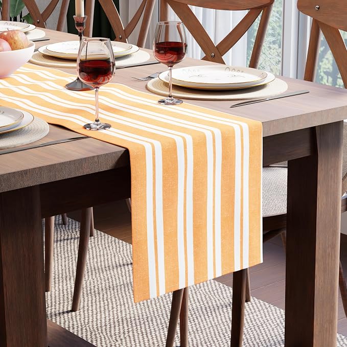 Encasa XO Table Runner, Woven Cotton Dining Runner 13"x94" Franca Yellow Stripes by EncasaXO