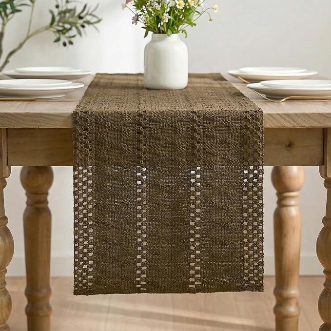 Artoid Mode Coffee Woven Farmhouse Hollow Table Runner 12x108 Inch | Holiday - Image 3