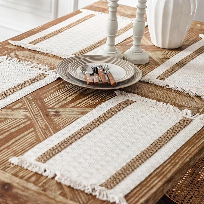 Boho Placemats Set of 6, 12x18 Inch Natural Cotton Burlap and Kitchen Woven - Image 6