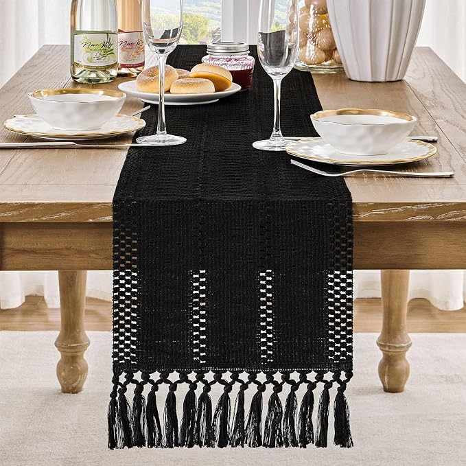 Macrame Style Boho Table Runner, 12x36 Inch Black | Woven Boho Table Runner - Image 2