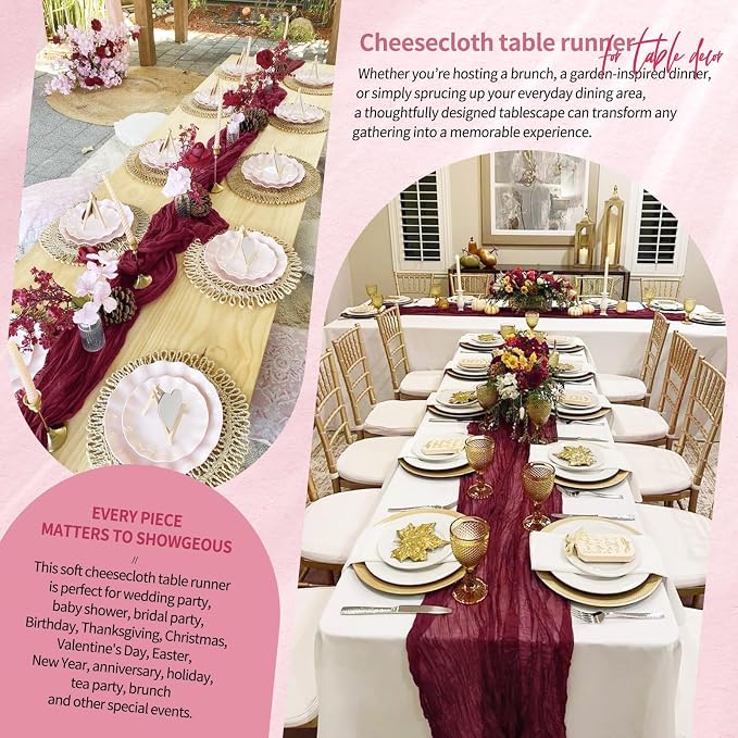 30 Pack Cheesecloth Table Runner 10FT Burgundy Red Table Runner Boho Gauze - Image 8