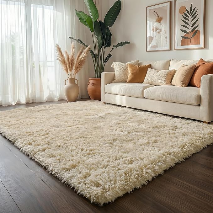 Amdrebio Beige Area Rugs for Living Room Bedroom, 6x9 Fluffy Plush Shag Furry - Image 5