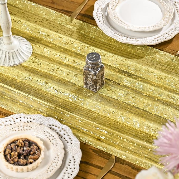 Artoid Mode 10PCS Light Yellow Gold Gauze Table Runner 120 Inch 10FT, Glitter - Image 4