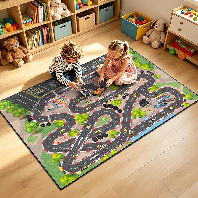 Kids Car Rug Play Mat, 4x6 ft Race Track Road Rug by GRAMBET
