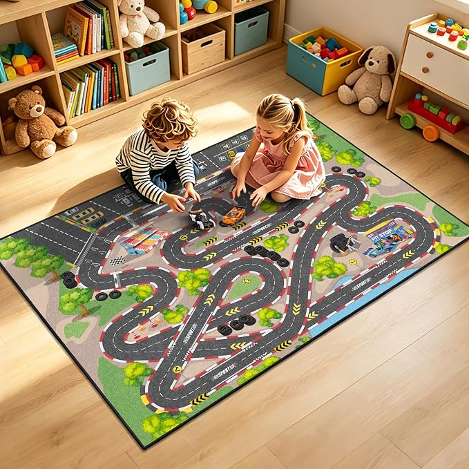 Kids Car Rug Play Mat, 5x7 ft Race Track Road Rug - Image 8
